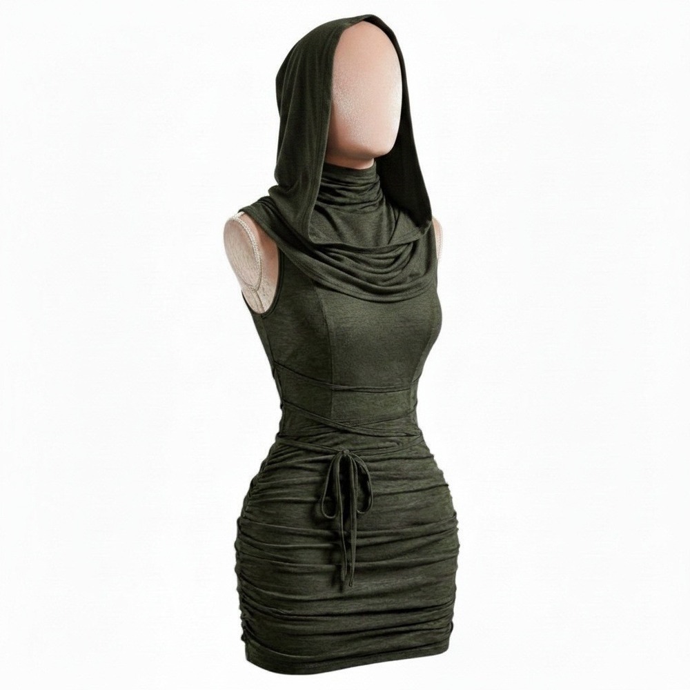 New M Army Green Hooded Bodycon Mini Dress Ruched Grunge Y2K Cowl Sleeveless